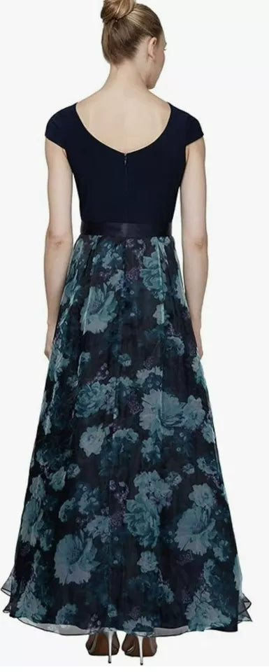 SL Fashions Floral-Organza Formal Gown Maxi Dress  Navy Floral Size 8
