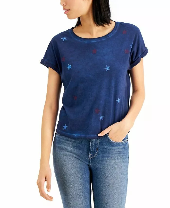 INC International Concepts Women's Cotton Star-Print T-Shirt  Color Indigo Sea Size S