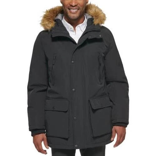 Club Room Men's Parka Faux Fur-Hood Coat  Black Size S