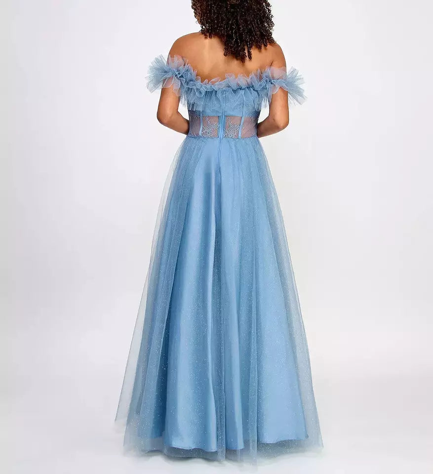 BCX Juniors Off-The-Shoulder Glitter Tulle Corset Gown   Light Blue Size 11