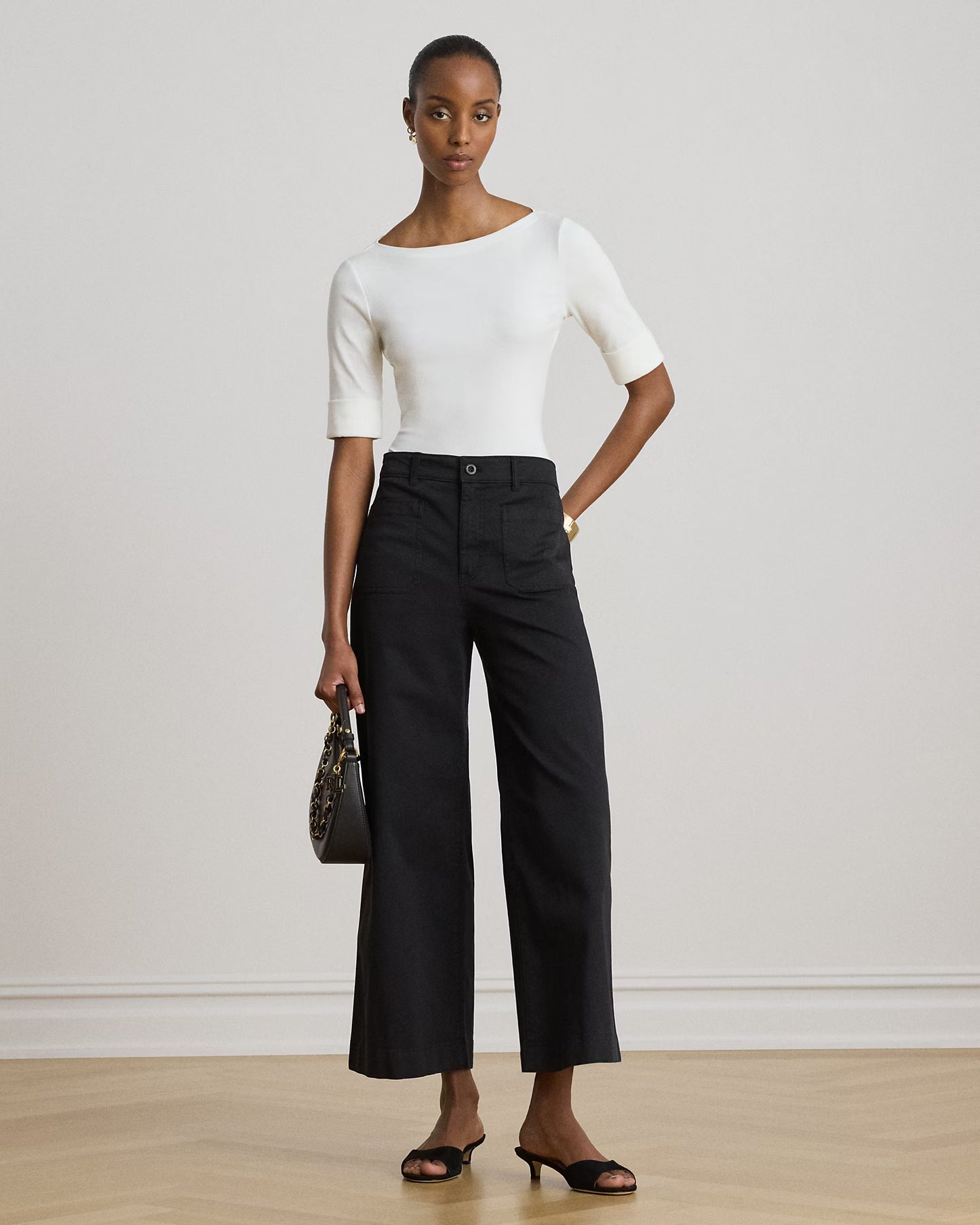 LAUREN RALPH LAUREN Women's Stretch Cotton Boatneck Tee  White Size M