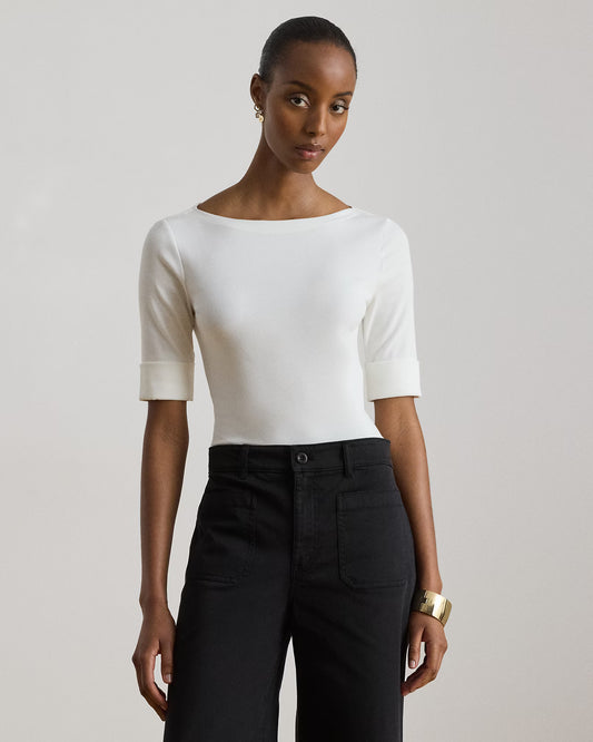 LAUREN RALPH LAUREN Women's Stretch Cotton Boatneck Tee  White Size M