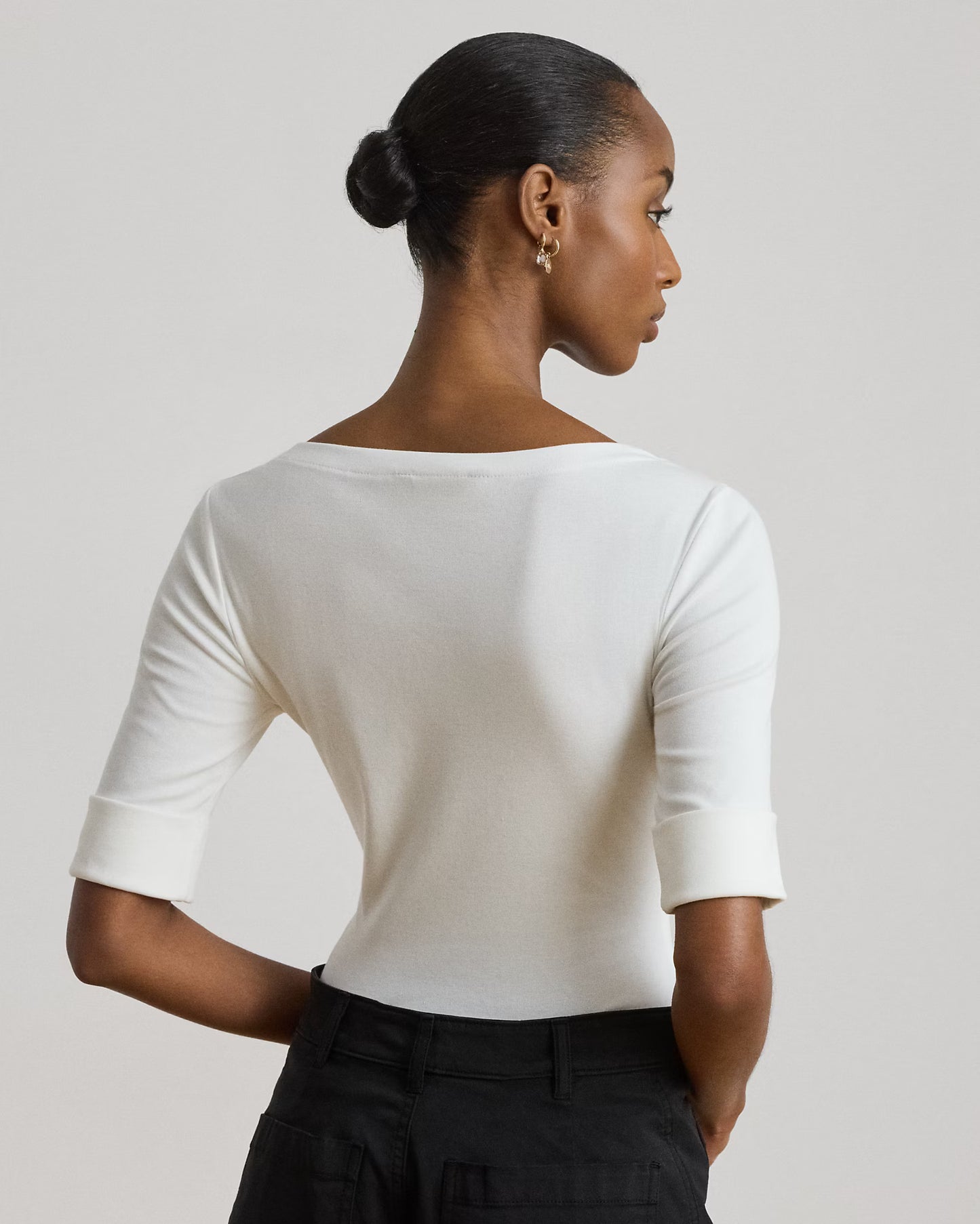 LAUREN RALPH LAUREN Women's Stretch Cotton Boatneck Tee  White Size M