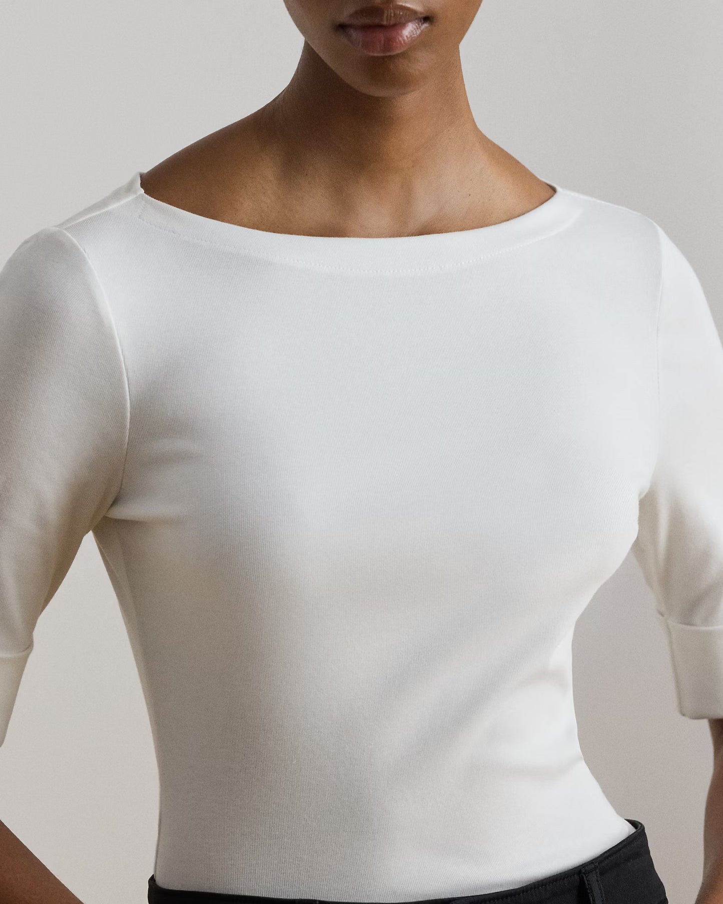 LAUREN RALPH LAUREN Women's Stretch Cotton Boatneck Tee  White Size M
