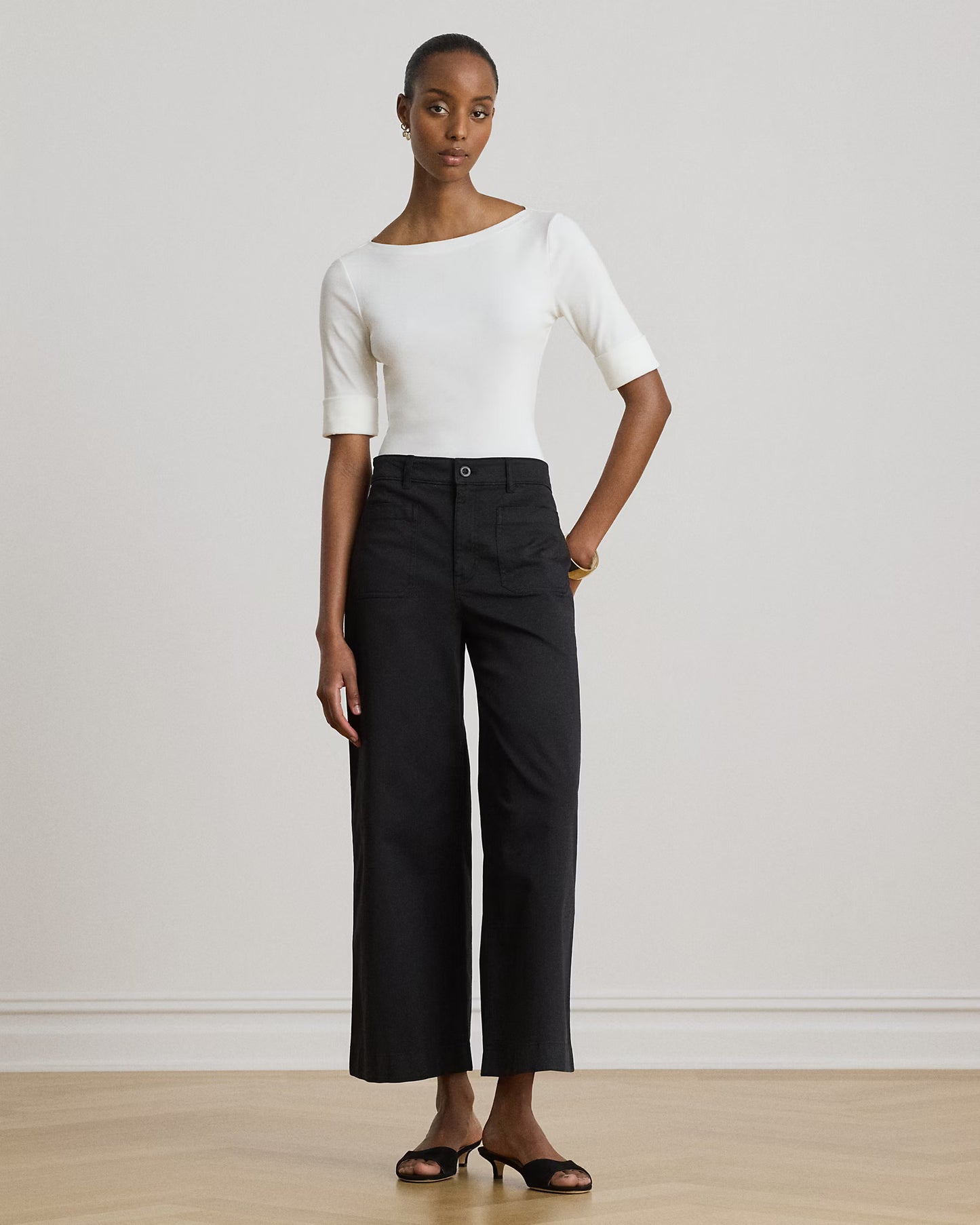 LAUREN RALPH LAUREN Women's Stretch Cotton Boatneck Tee  White Size M