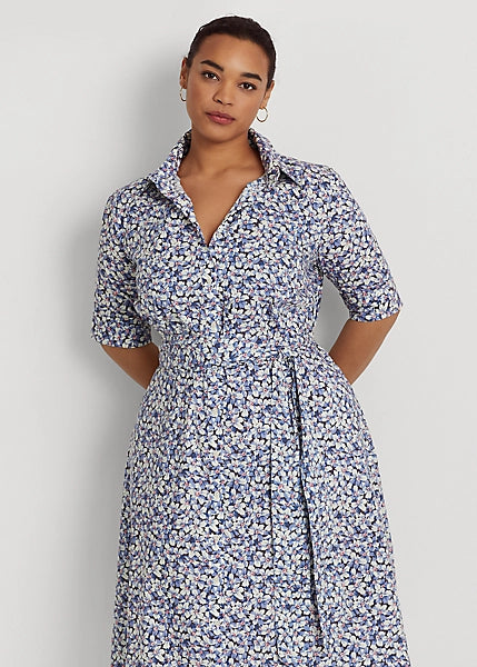 Lauren Ralph Lauren Women's Plus Floral Belted Cotton-Blend Shirtdress  Color Blue/Cream/Pink Size 18W