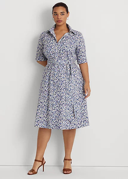 Lauren Ralph Lauren Women's Plus Floral Belted Cotton-Blend Shirtdress  Color Blue/Cream/Pink Size 18W