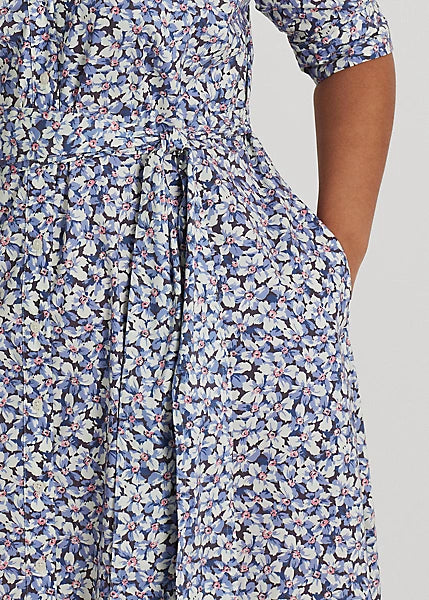 Lauren Ralph Lauren Women's Plus Floral Belted Cotton-Blend Shirtdress  Color Blue/Cream/Pink Size 18W