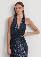 Lauren Ralph Lauren Women's Beaded Sequined Twist-Front Halter Gown  Color Lauren Navy Size 12