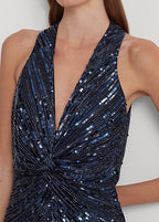 Lauren Ralph Lauren Women's Beaded Sequined Twist-Front Halter Gown  Color Lauren Navy Size 12
