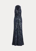 Lauren Ralph Lauren Women's Beaded Sequined Twist-Front Halter Gown  Color Lauren Navy Size 12
