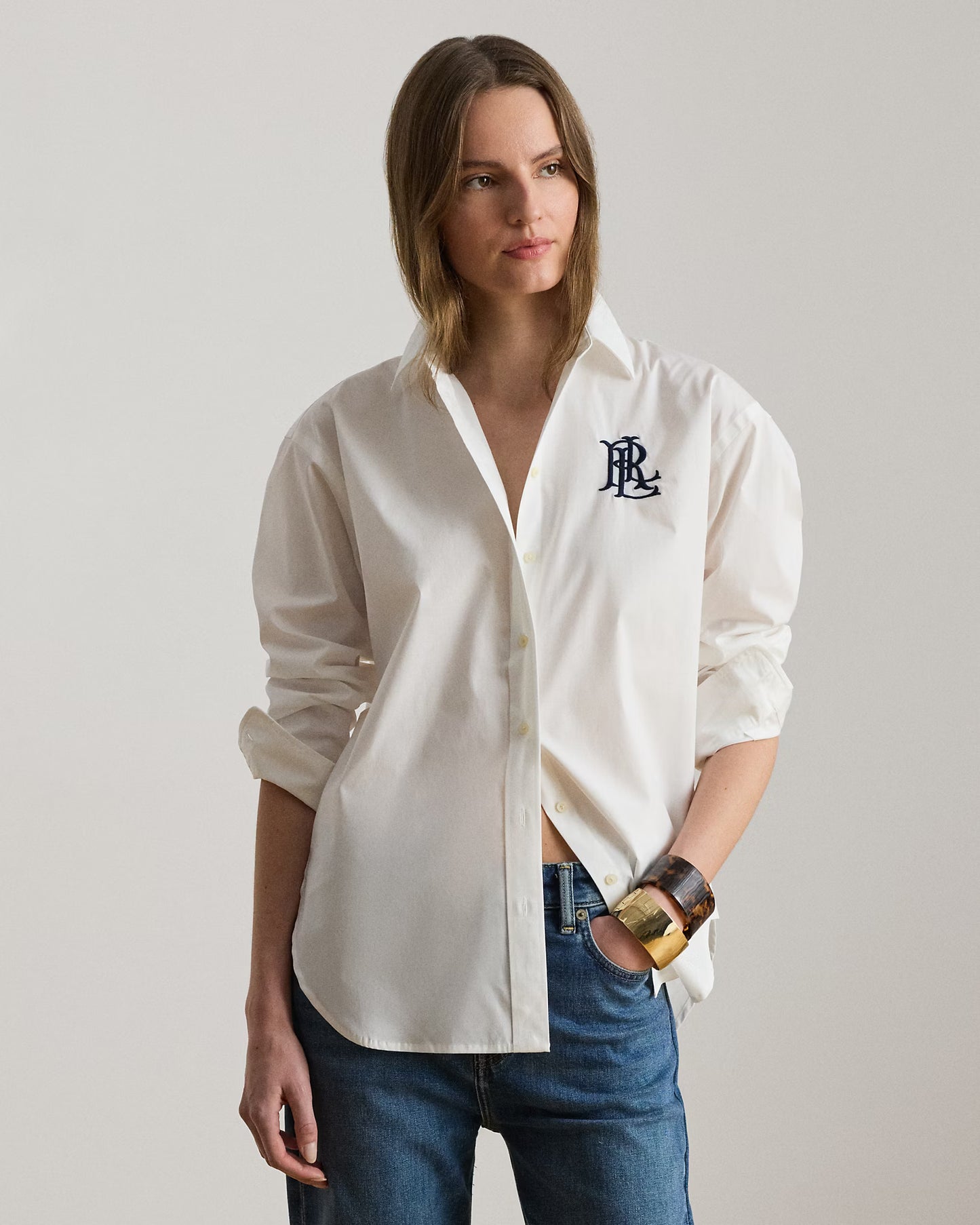 LAUREN RALPH LAUREN Women's Relaxed Fit Stretch Cotton Shirt  White Size L