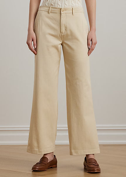 LAUREN RALPH LAUREN Women's Cotton Twill Wide-Leg Pants  Ivory Beige Size 18