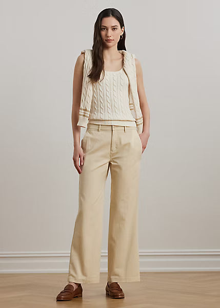 LAUREN RALPH LAUREN Women's Cotton Twill Wide-Leg Pants  Ivory Beige Size 18
