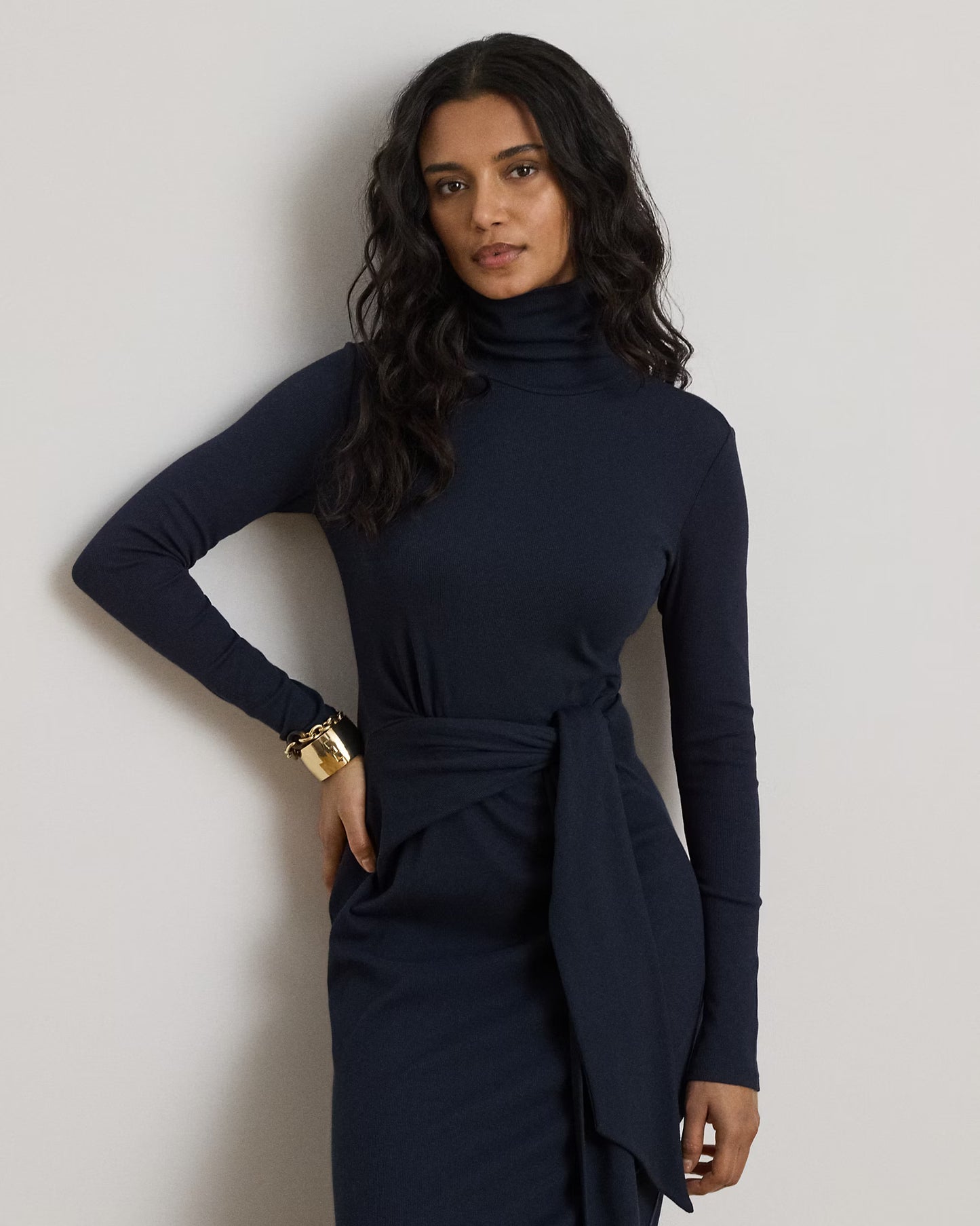 LAUREN RALPH LAUREN Women's Tie-Front Cotton-Blend Turtleneck Dress  Lighthouse Navy Size S