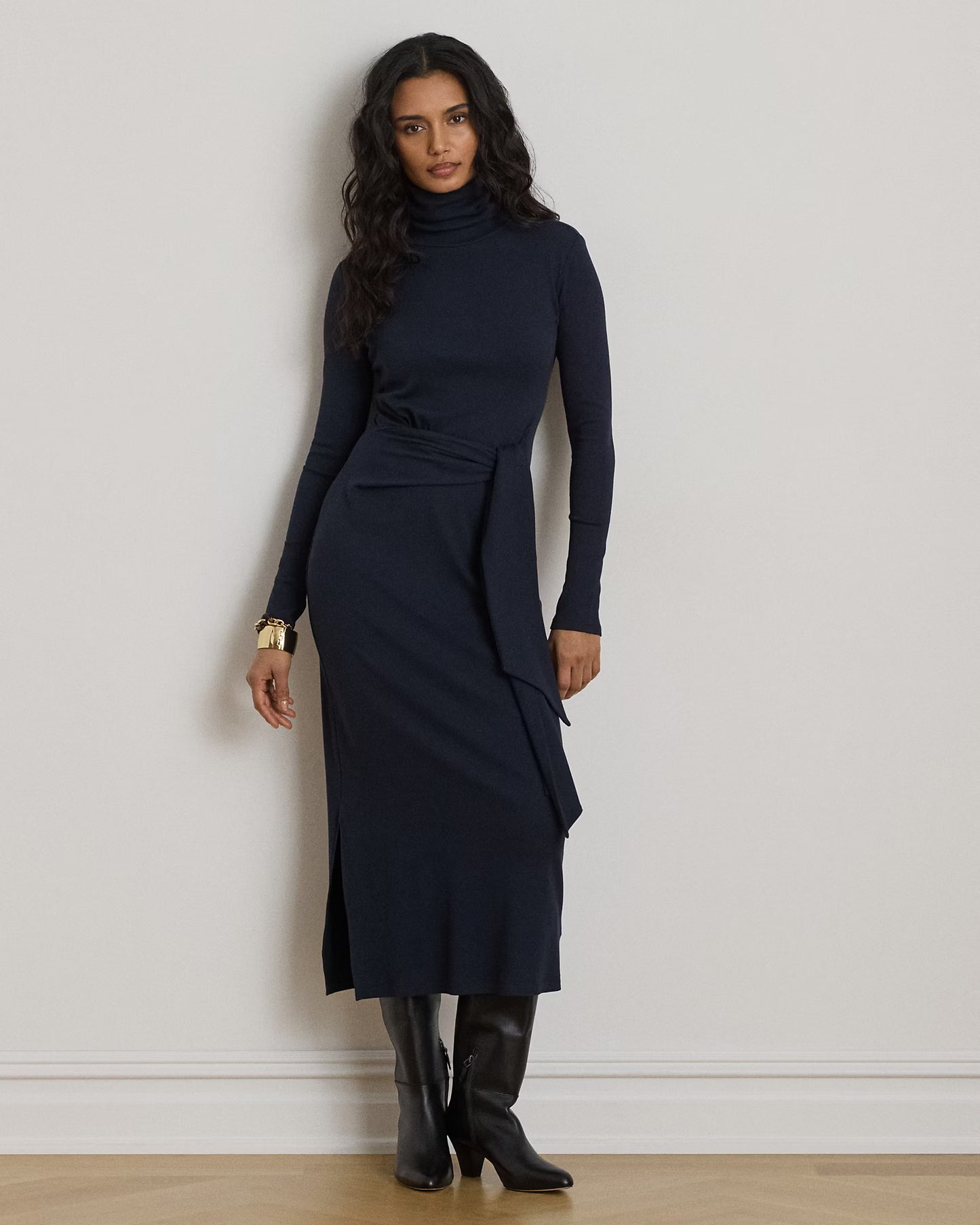 LAUREN RALPH LAUREN Women's Tie-Front Cotton-Blend Turtleneck Dress  Lighthouse Navy Size S