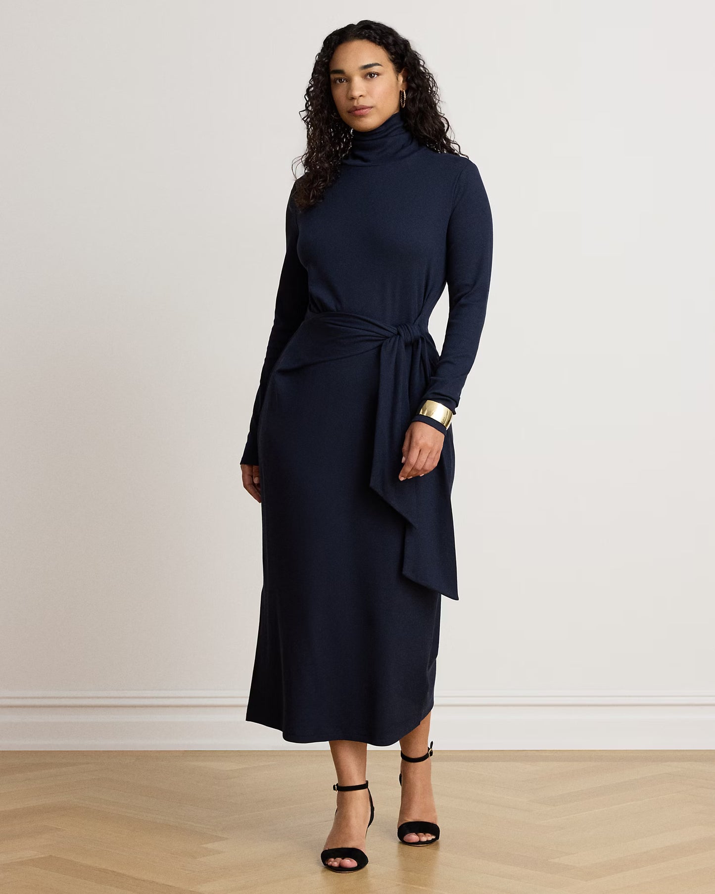 LAUREN RALPH LAUREN Women's Tie-Front Cotton-Blend Turtleneck Dress  Lighthouse Navy Size S