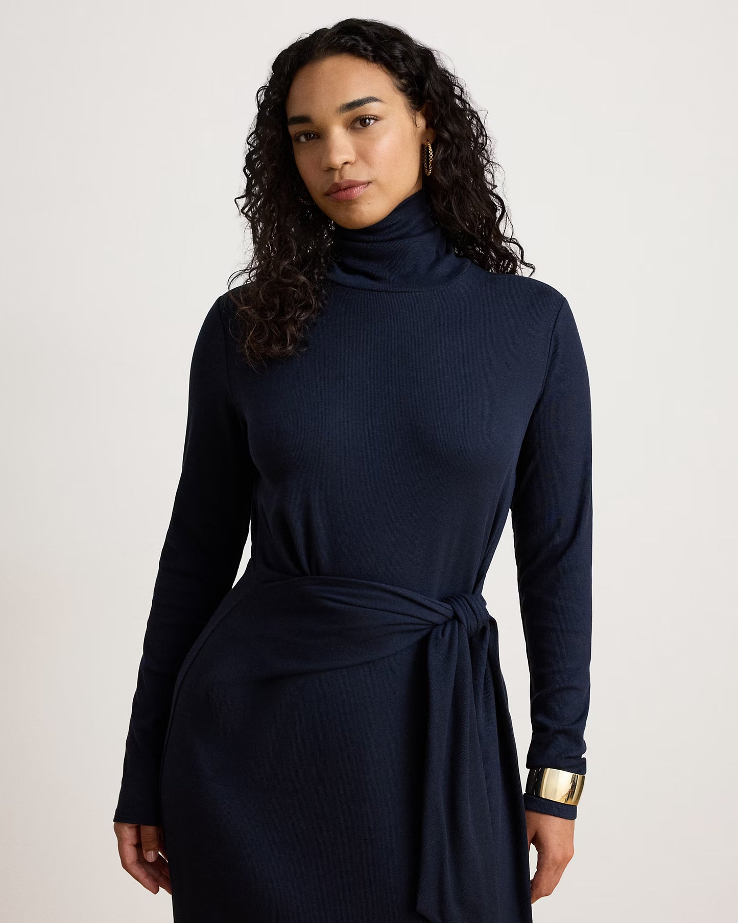 LAUREN RALPH LAUREN Women's Tie-Front Cotton-Blend Turtleneck Dress  Lighthouse Navy Size S