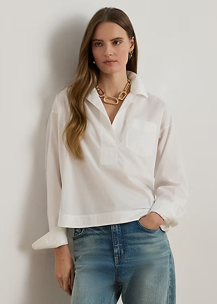 LAUREN RALPH LAUREN Women's Cotton Broadcloth Cropped Shirt  White Size L