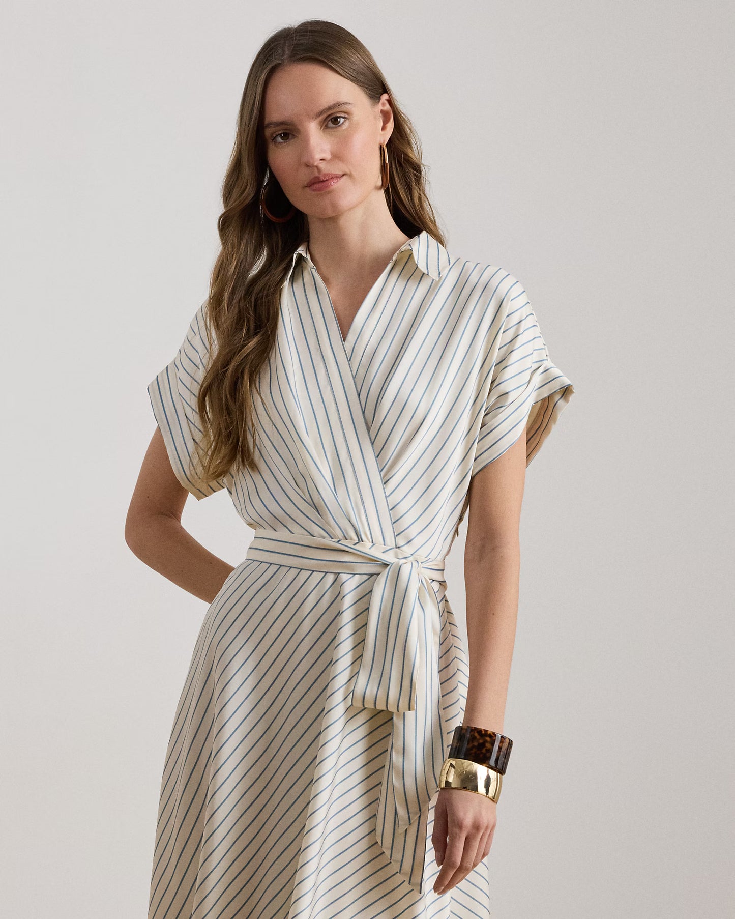 LAUREN RALPH LAUREN Women's Fratillio Striped Belted Twill Dress  Cream/Blue Size 8