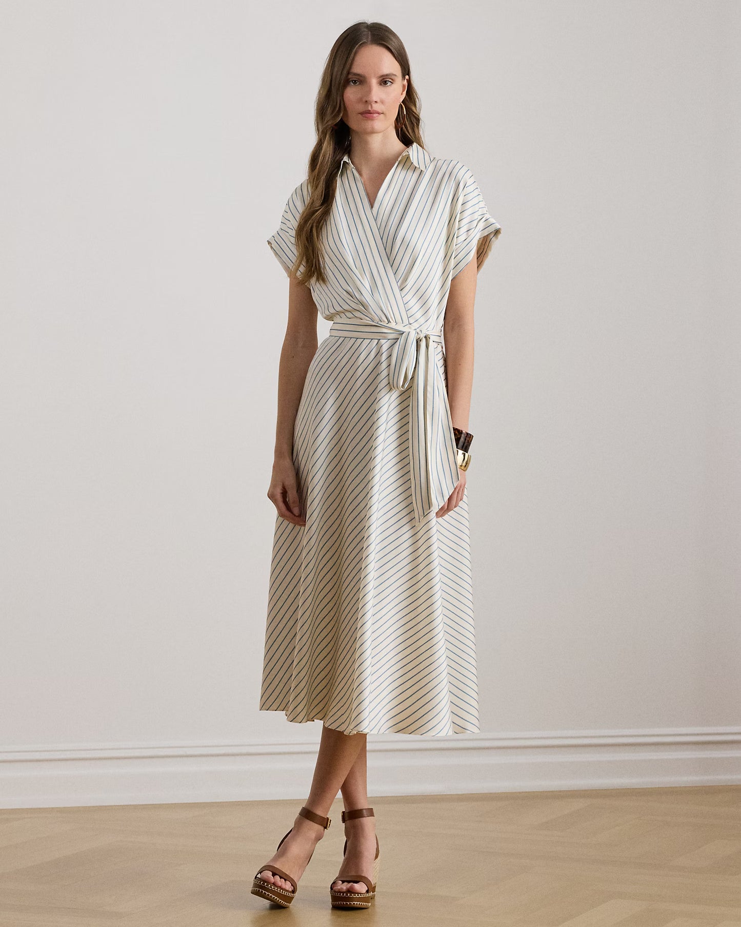 LAUREN RALPH LAUREN Women's Fratillio Striped Belted Twill Dress  Cream/Blue Size 8