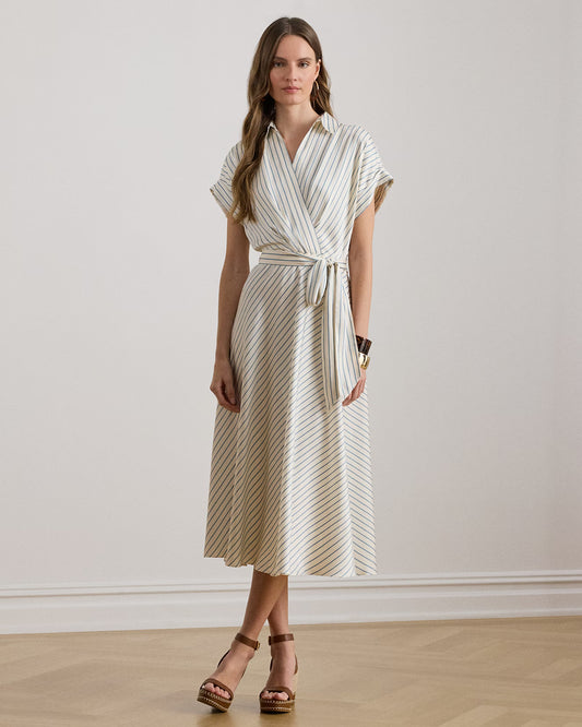 LAUREN RALPH LAUREN Women's Fratillio Striped Belted Twill Dress  Cream/Blue Size 8