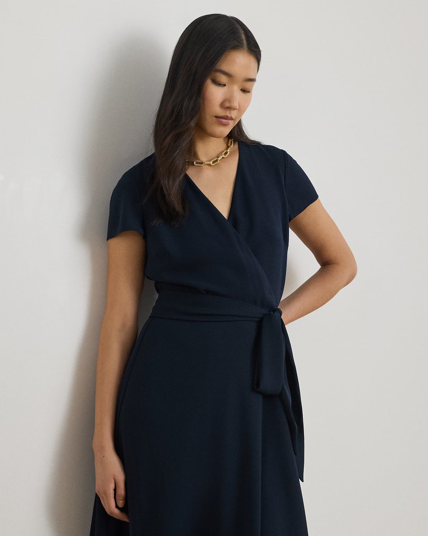 LAUREN RALPH LAUREN Women's Belted Georgette Surplice Dress  Lauren Navy Size 14