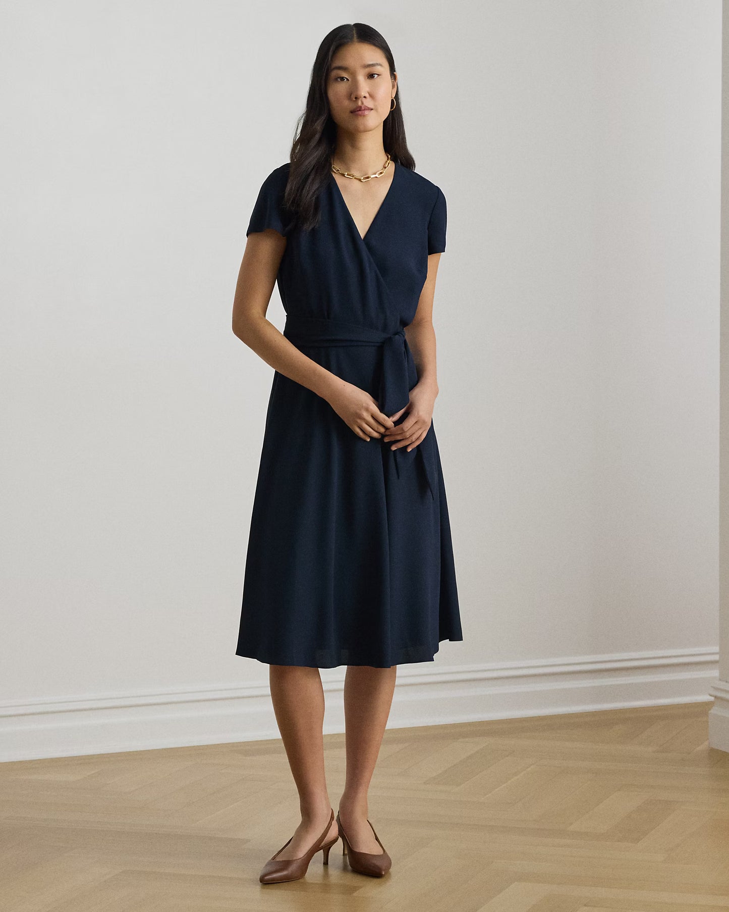 LAUREN RALPH LAUREN Women's Belted Georgette Surplice Dress  Lauren Navy Size 14