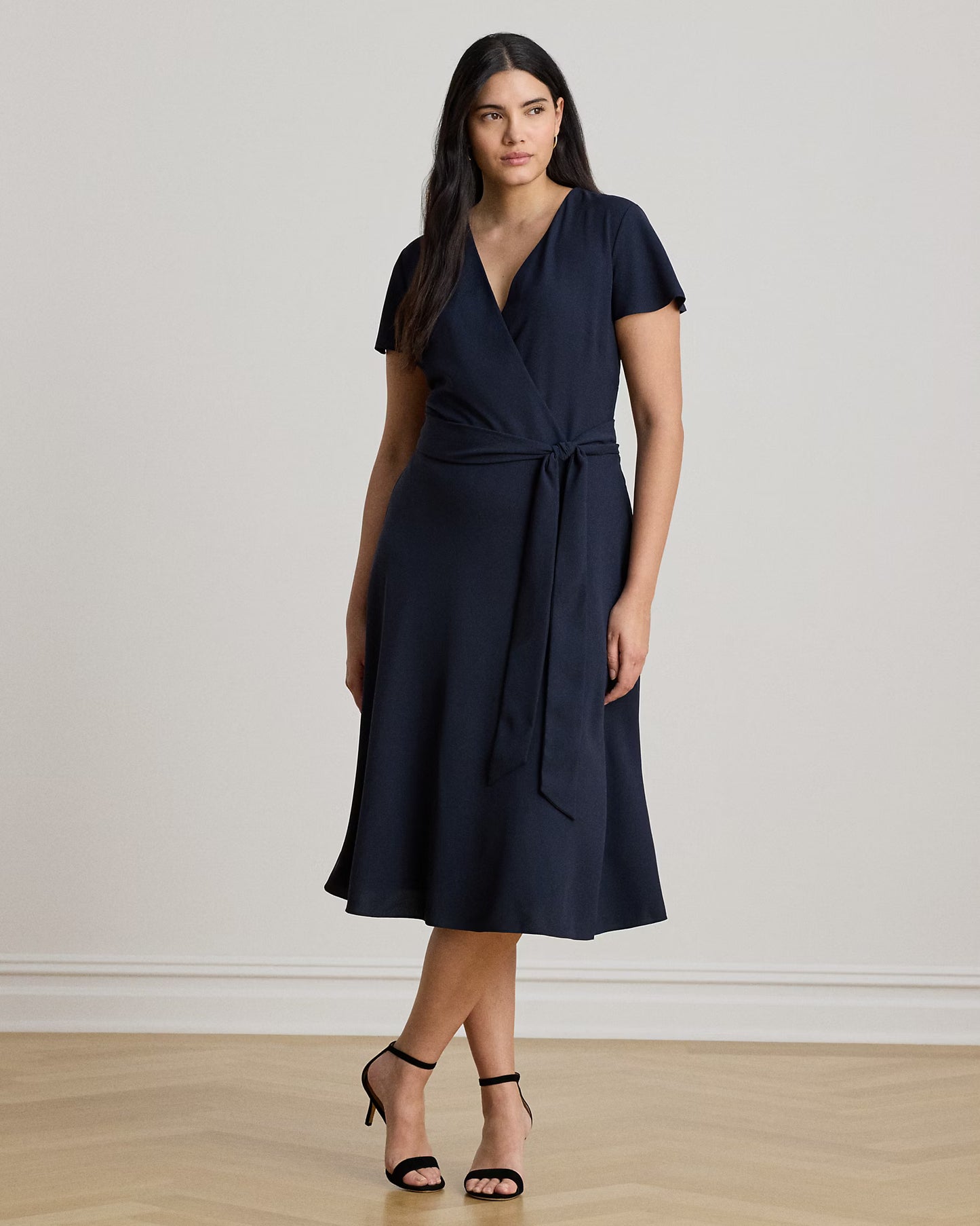 LAUREN RALPH LAUREN Women's Belted Georgette Surplice Dress  Lauren Navy Size 14