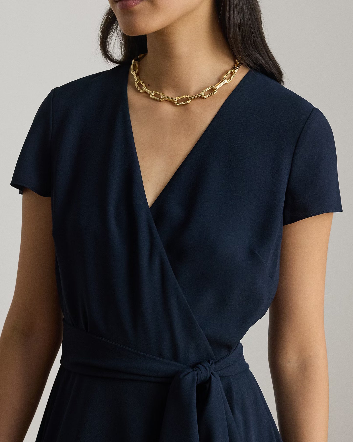 LAUREN RALPH LAUREN Women's Belted Georgette Surplice Dress  Lauren Navy Size 14