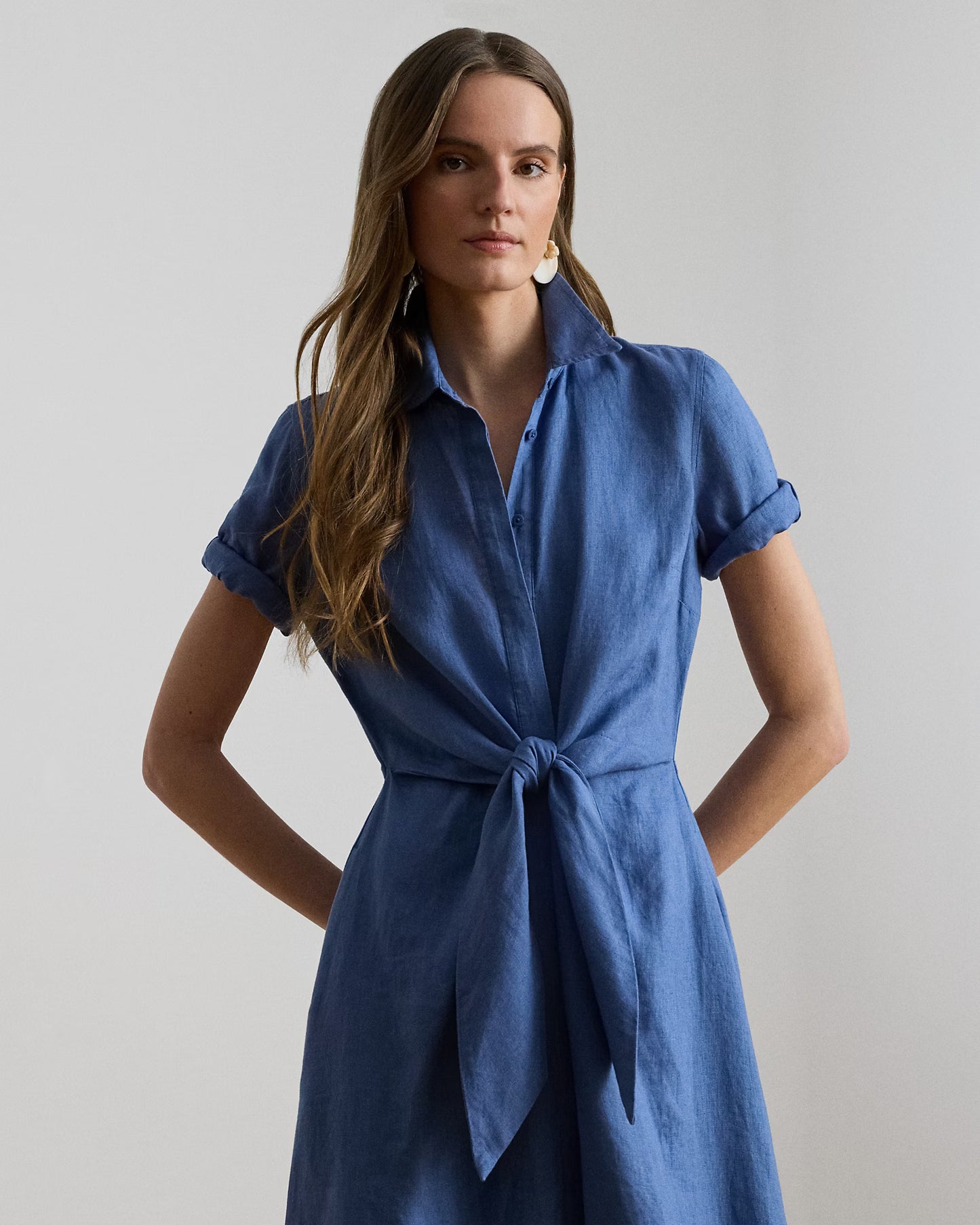 LAUREN RALPH LAUREN Women's Petite Tie-Front Linen Shirtdress  Carson Blue Size 0P