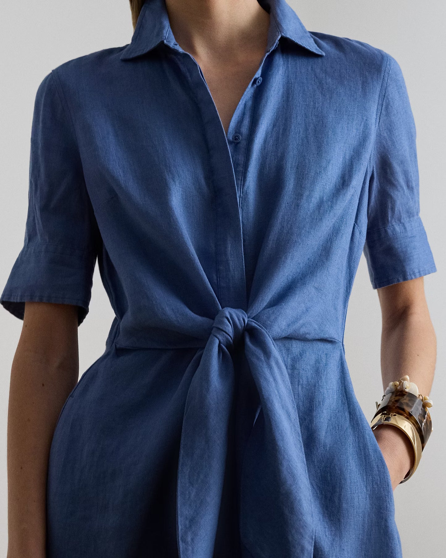 LAUREN RALPH LAUREN Women's Petite Tie-Front Linen Shirtdress  Carson Blue Size 0P