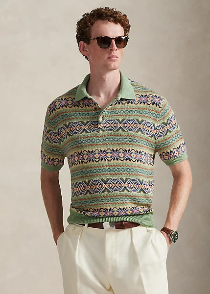 Polo Ralph Lauren Men's Linen-Cotton Polo-Collar Sweater  Olive Size L