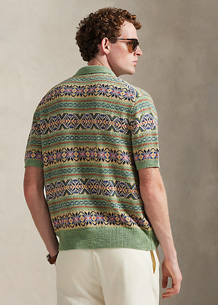 Polo Ralph Lauren Men's Linen-Cotton Polo-Collar Sweater  Olive Size L