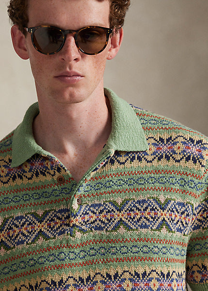 Polo Ralph Lauren Men's Linen-Cotton Polo-Collar Sweater  Olive Size L