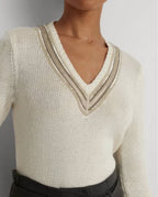 Lauren Ralph Lauren Women's Beaded Cotton-Blend Cricket Sweater  Mascarpone Cream Size XS