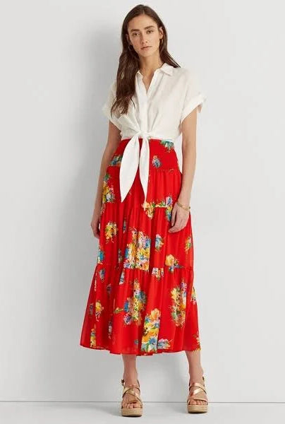 Lauren Ralph Lauren Women's Plus Size Tiered Midi Skirt  Color Bright Hibiscus Multi Size 2X