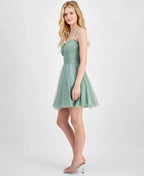 City Studios Juniors Glitter-Tulle Cocktail Party Dress  Color Sage/Silver Size 13/14