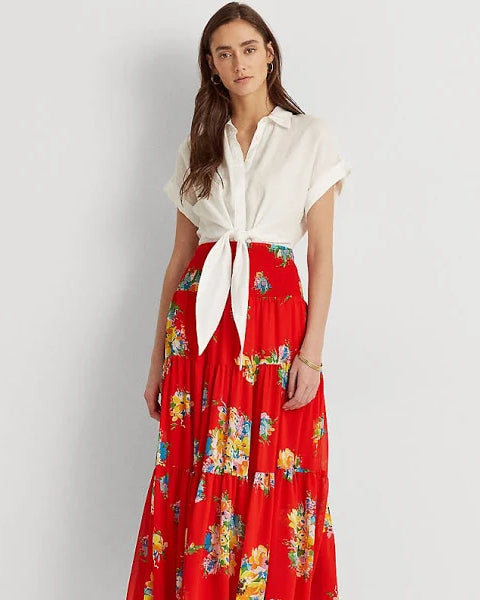 Lauren Ralph Lauren Women's Plus Size Tiered Midi Skirt  Color Bright Hibiscus Multi Size 2X