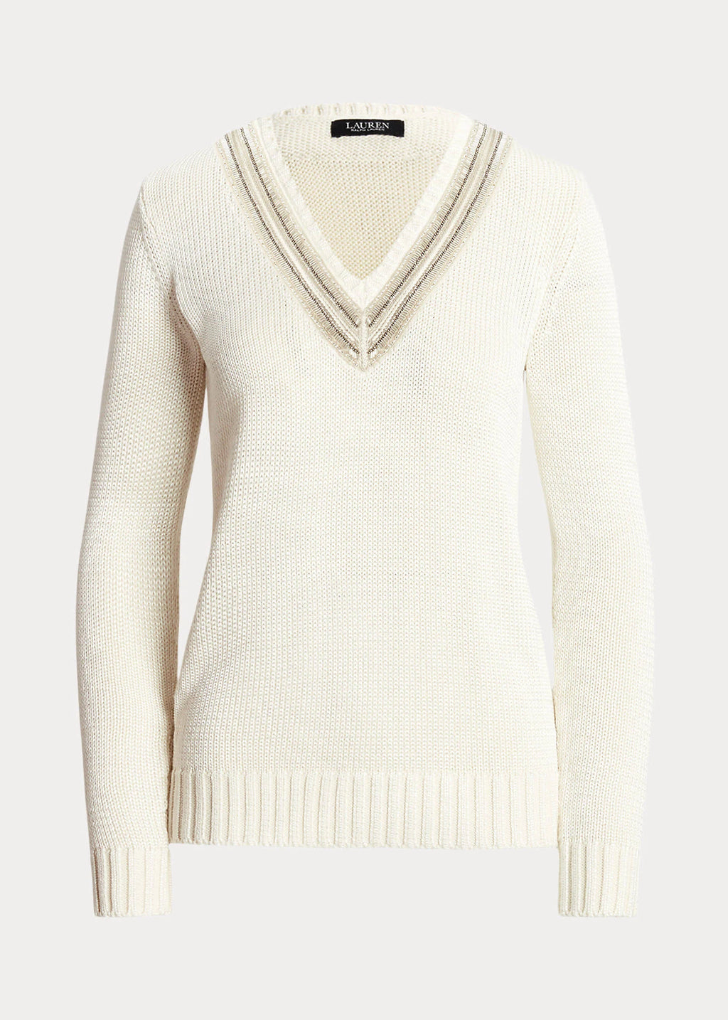 Lauren Ralph Lauren Women's Beaded Cotton-Blend Cricket Sweater  Mascarpone Cream Size XS