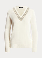 Lauren Ralph Lauren Women's Beaded Cotton-Blend Cricket Sweater  Mascarpone Cream Size XS