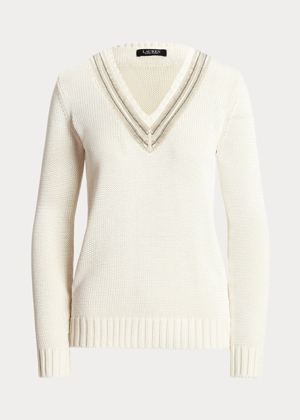 Lauren Ralph Lauren Women's Beaded Cotton-Blend Cricket Sweater  Mascarpone Cream Size XS