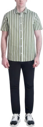 KARL LAGERFELD PARIS Men's Woven Stripe Shirt  Olive/White Size S
