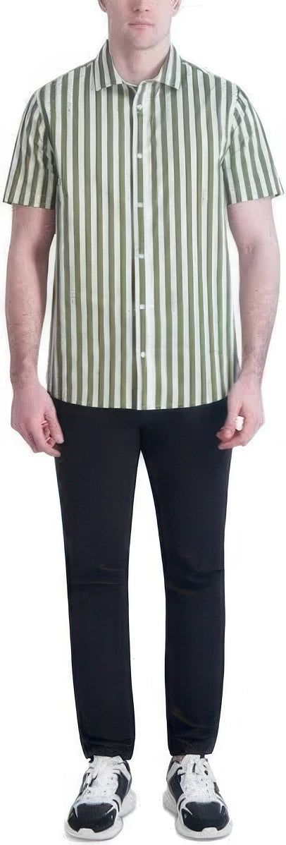 KARL LAGERFELD PARIS Men's Woven Stripe Shirt  Olive/White Size M