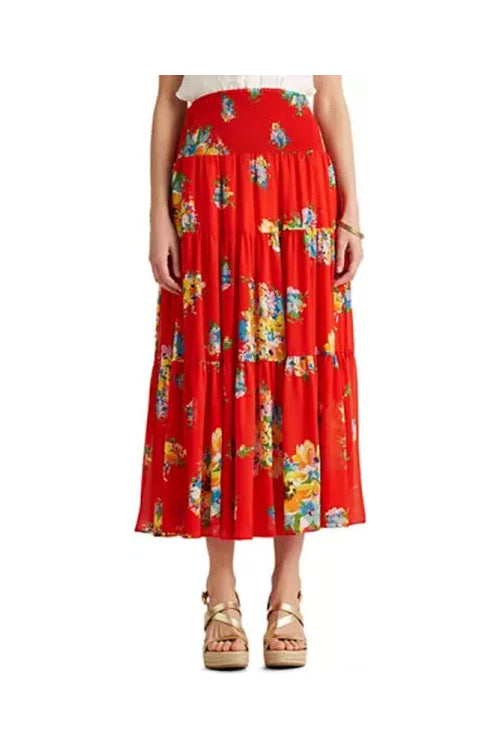 Lauren Ralph Lauren Women's Plus Size Tiered Midi Skirt  Color Bright Hibiscus Multi Size 2X