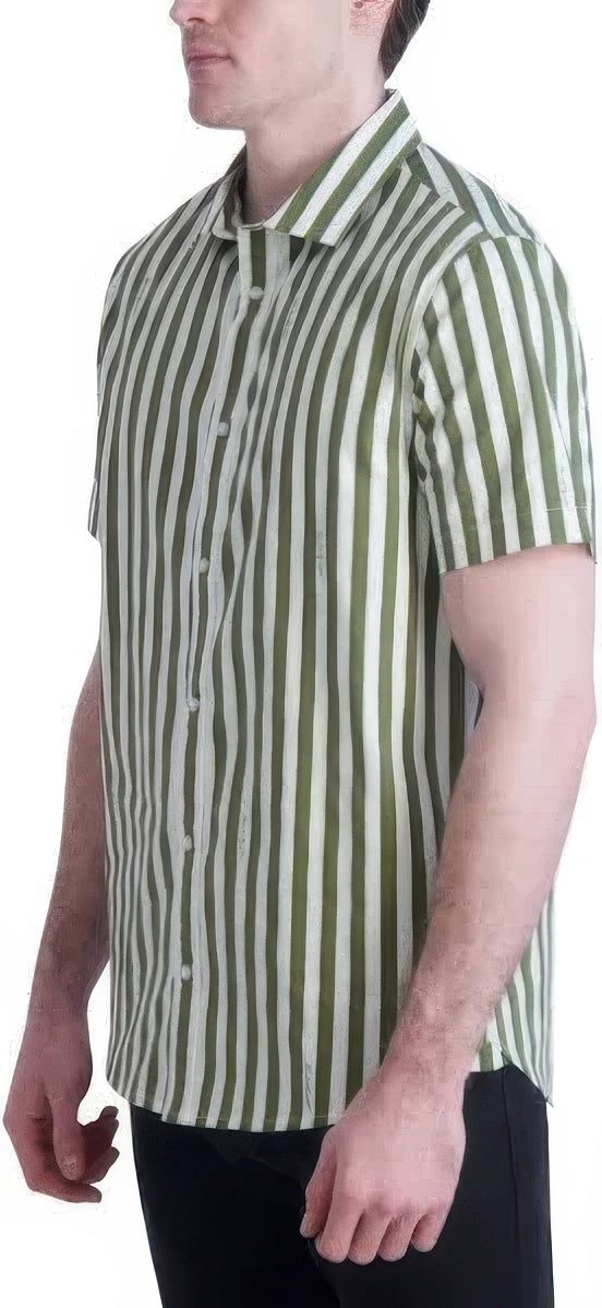 KARL LAGERFELD PARIS Men's Woven Stripe Shirt  Olive/White Size M