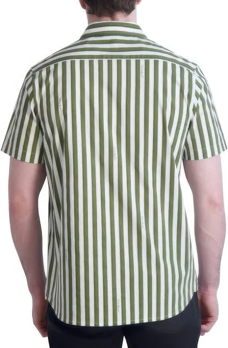 KARL LAGERFELD PARIS Men's Woven Stripe Shirt  Olive/White Size M