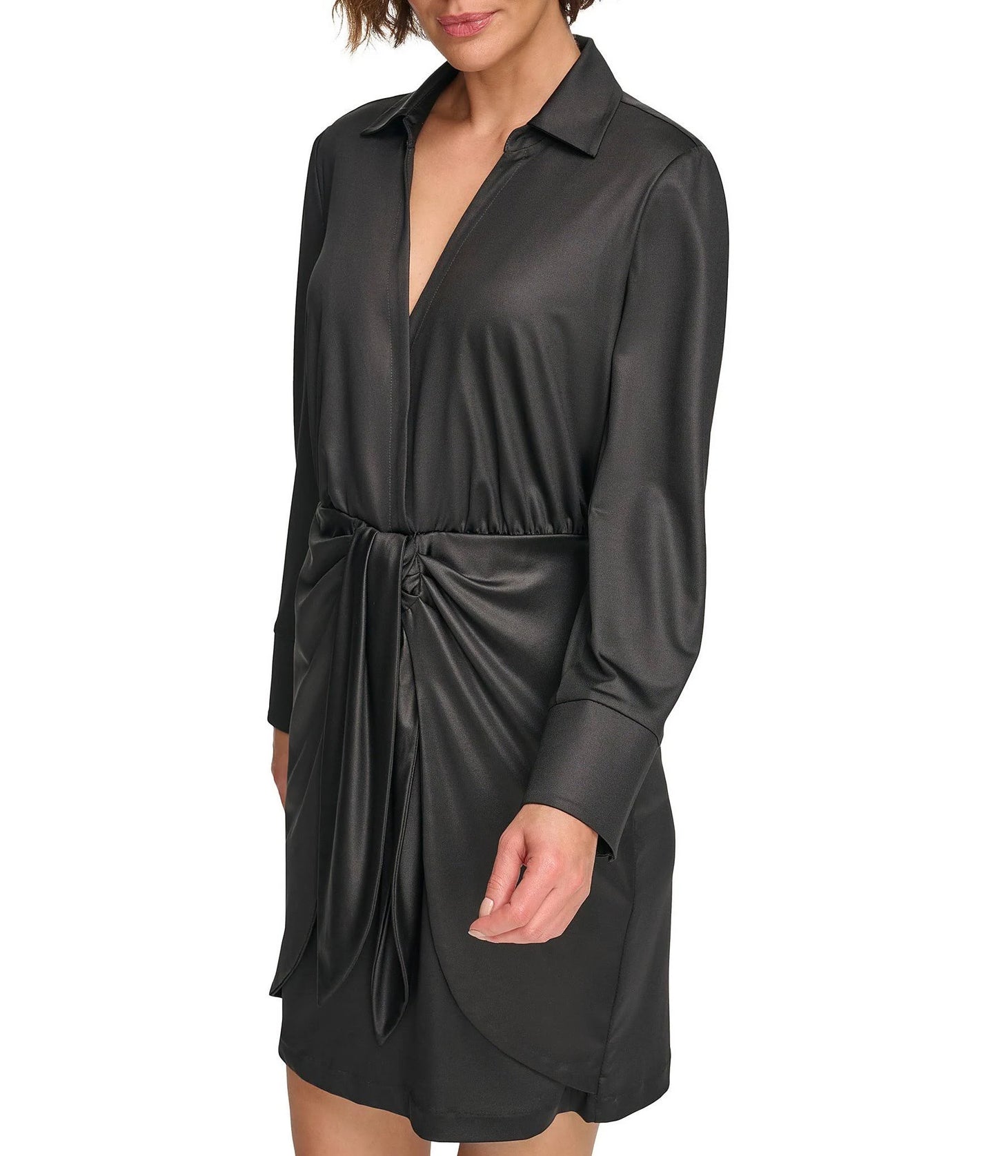 DKNY Glazed Jersey Wrap Skirt Collared Mini Dress  Color Black Size 14