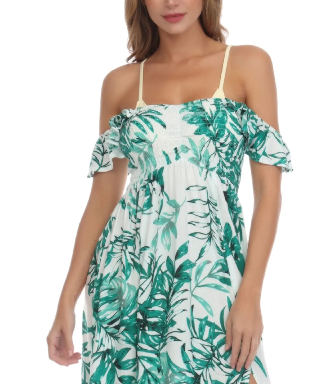 Raviya WOMEN'S PRINTED SMOCKED OFF THE SHOULDER SWIM DRESS  Color Green Size S
