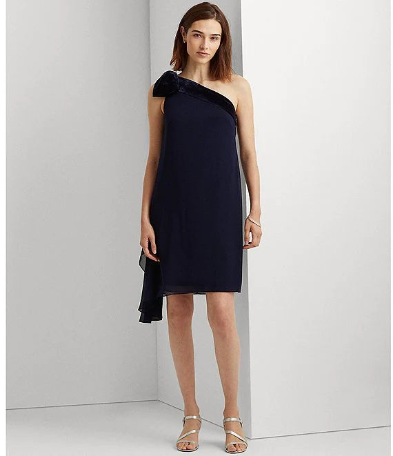 Lauren Ralph Lauren One Shoulder Velvet Bow Sleeveless Cascading Chiffon Dress  Color Lighthouse Navy Size 2